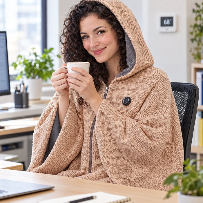 Woman at her office desk with the hood up holding a mug