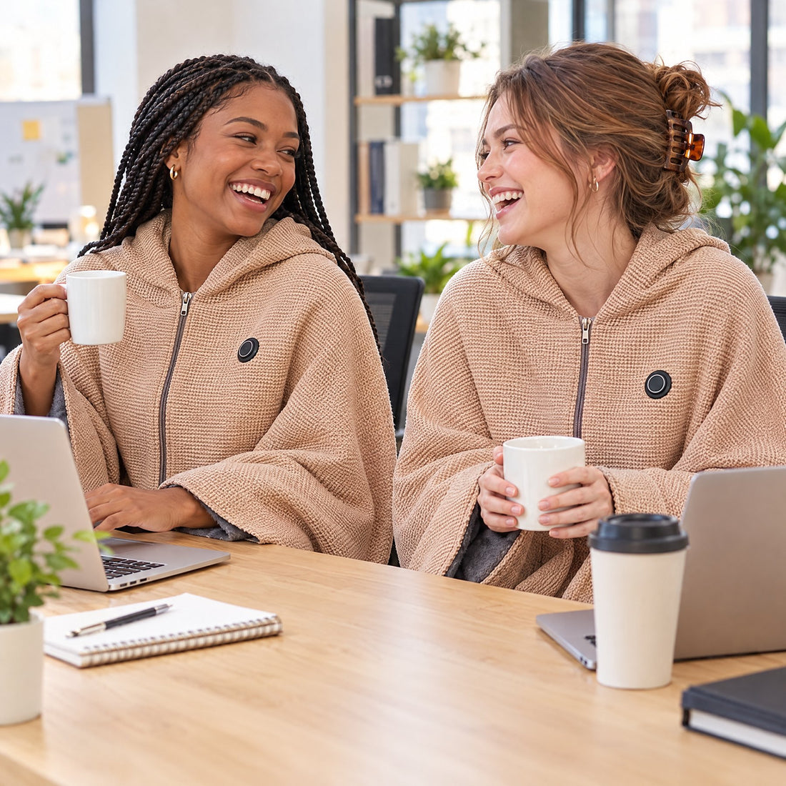 Two coworkers laughing at their desks, both wearing the Heated Wrap
